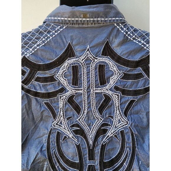 Roar Signature Button Up‎ Shirt Men Sz L Embroidered Blue Designer - Picture 4 of 7